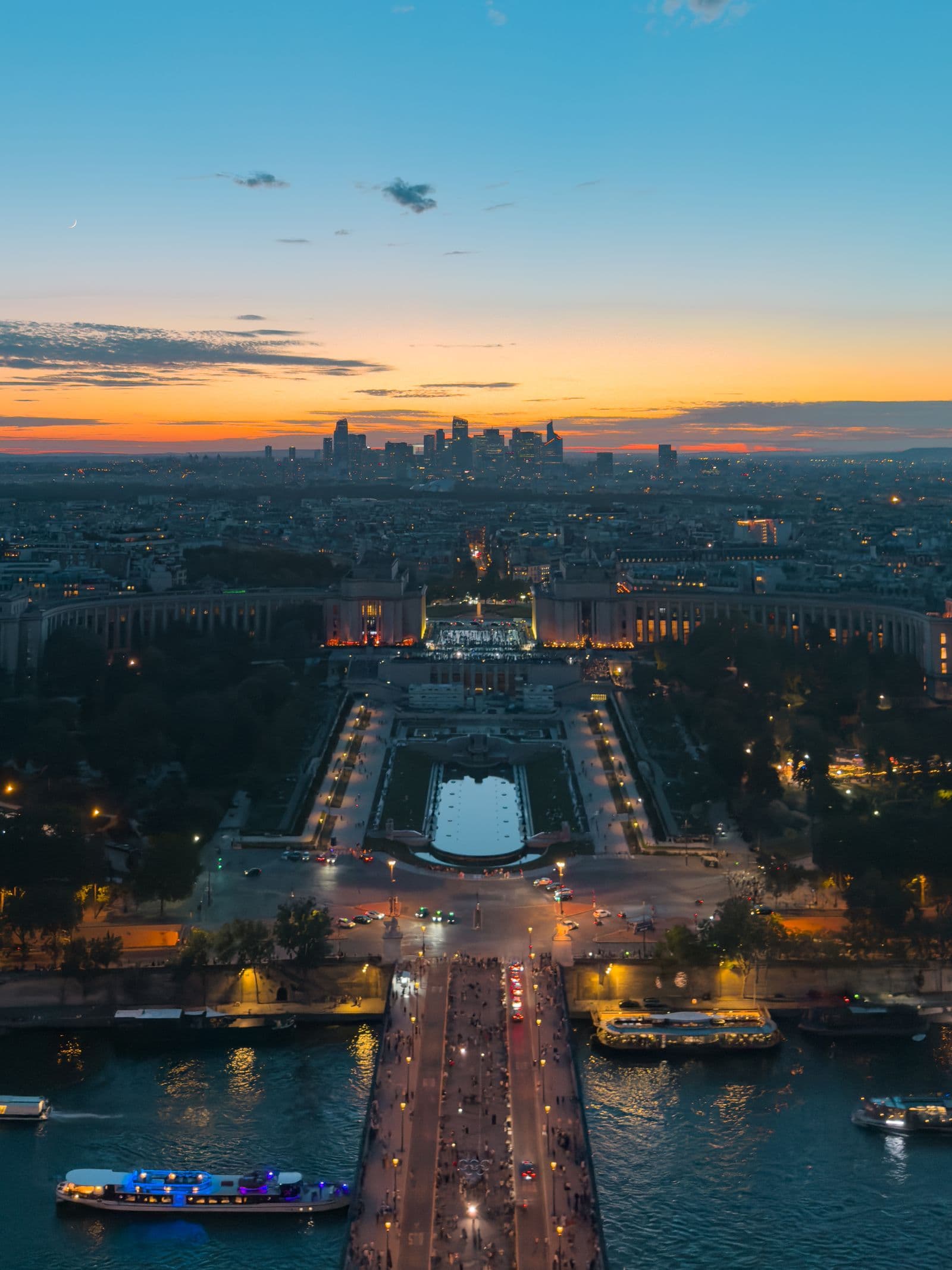 Aerial view of Paris at twilight from the Eiffel Tower